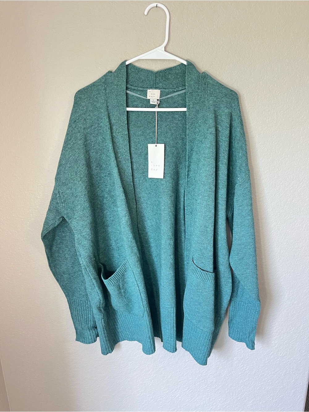NWT A New Day Teal Open Front Cardigan L Oversized Pockets Fall Coastal Winter